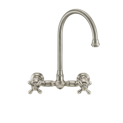 Whitehaus Vintage III Plus Wall Mount Faucet with a Long Gooseneck Swivel Spout, Cross Handles and Solid Brass Side Spray - WHKWCR3-9301-NT - The Home Selection