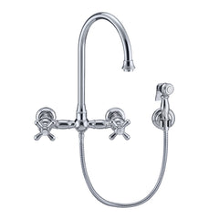 Whitehaus Vintage III Plus Wall Mount Faucet with a Long Gooseneck Swivel Spout, Cross Handles and Solid Brass Side Spray - WHKWCR3-9301-NT - The Home Selection