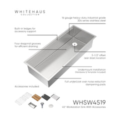 Whitehaus 45  Undermount Single Bowl 16 Gauge Brushed Stainless Steel Workstation Sink With Accessories - WHSW
