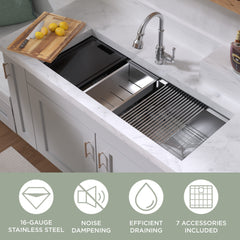Whitehaus 45  Undermount Single Bowl 16 Gauge Brushed Stainless Steel Workstation Sink With Accessories - WHSW