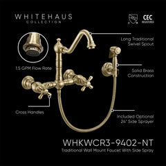 Whitehaus Vintage III Plus Wall Mount Faucet with a Long Traditional Swivel Spout, Cross Handles and Solid Bra
