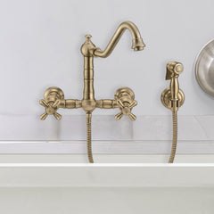 Whitehaus Vintage III Plus Wall Mount Faucet with a Long Traditional Swivel Spout, Cross Handles and Solid Bra