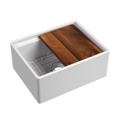 Whitehaus 24  Reversible Single Bowl Fireclay Sink Set with a Smooth Front Apron, Walnut Wood Cutting Board an