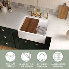 Whitehaus 30  Reversible Single Bowl Fireclay Sink Set with a Smooth Front Apron, Walnut Wood Cutting Board an
