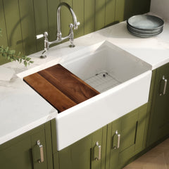 Whitehaus 30  Reversible Single Bowl Fireclay Sink Set with a Smooth Front Apron, Walnut Wood Cutting Board an