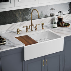Whitehaus 30  Reversible Single Bowl Fireclay Sink Set with a Smooth Front Apron, Walnut Wood Cutting Board an