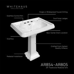 Whitehaus 29" Traditional Pedestal Sink with Large Rectangular Bowl, Dual Soap Ledges, Overflow Control Rim and Overflow - AR854-AR805 - The Home Selection