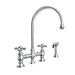 Whitehaus Bridge Faucet with Long Gooseneck Swivel Spout, Cross Handles and Solid Brass Side Spray - WHKBTCR3-9101-NT - The Home Selection
