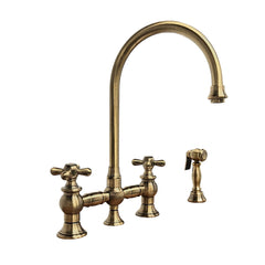 Whitehaus Bridge Faucet with Long Gooseneck Swivel Spout, Cross Handles and Solid Brass Side Spray - WHKBTCR3-9101-NT - The Home Selection