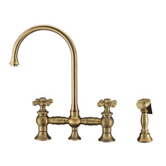 Whitehaus Bridge Faucet with Long Gooseneck Swivel Spout, Cross Handles and Solid Brass Side Spray - WHKBTCR3-9101-NT - The Home Selection