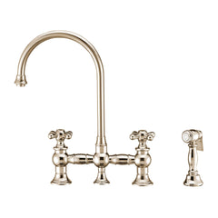 Whitehaus Bridge Faucet with Long Gooseneck Swivel Spout, Cross Handles and Solid Brass Side Spray - WHKBTCR3-9101-NT - The Home Selection