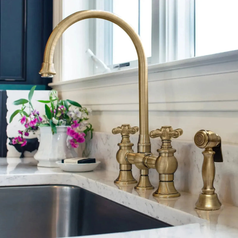 Whitehaus Bridge Faucet with Long Gooseneck Swivel Spout, Cross Handles and Solid Brass Side Spray - WHKBTCR3-9101-NT - The Home Selection