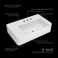 Whitehaus Rectangular Wall Mount Basin with Faucet Drilling Options and Rear Center Drain Location - The Home Selection