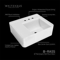 Whitehaus Rectangular Wall Mount Basin with Faucet Drilling Options and Rear Center Drain Location - The Home Selection