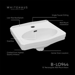 Whitehaus Rectangular Wall Mount Basin with Integrated Oval Bowl, Low-Rise Backsplash, Single Faucet Drilling and Overflow - B-LO944 - The Home Selection