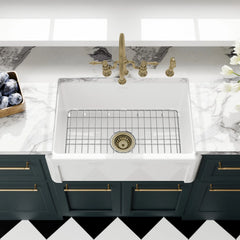 Whitehaus Reversible Fireclay Kitchen Sink with Grid, Three Edge Frame and Plain Front Apron - WHRP2718-W - The Home Selection