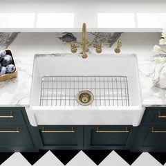 Whitehaus Reversible Fireclay Kitchen Sink with Grid, Three Edge Frame and Plain Front Apron - WHRP3018-W - The Home Selection