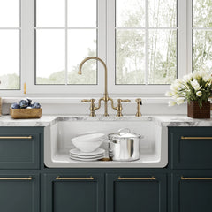 Whitehaus Reversible Fireclay Kitchen Sink with Grid, Three Edge Frame and Plain Front Apron - WHRP3018-W - The Home Selection