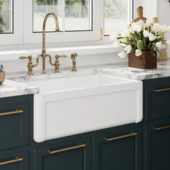 Whitehaus Reversible Fireclay Kitchen Sink with Grid, Three Edge Frame and Plain Front Apron - WHRP3018-W - The Home Selection