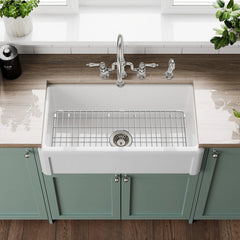 Whitehaus Reversible Fireclay Kitchen Sink with Grid, Three Edge Frame and Plain Front Apron - WHRP3318-W - The Home Selection