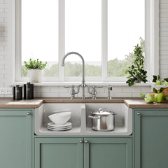 Whitehaus Reversible Fireclay Kitchen Sink with Grid, Three Edge Frame and Plain Front Apron - WHRPDB3618-W - The Home Selection