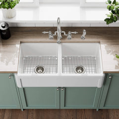 Whitehaus Reversible Fireclay Kitchen Sink with Grid, Three Edge Frame and Plain Front Apron - WHRPDB3618-W - The Home Selection
