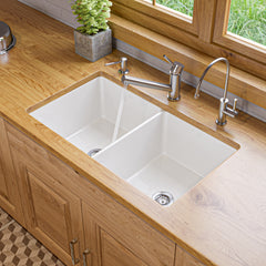 Alfi White 32" x 19" Double Bowl Fireclay Undermount / Drop In Kitchen Sink w Grid - White
