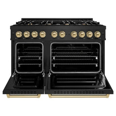 ZLINE Autograph Edition 48 in. 6.7 cu. ft. Classic Double Oven Dual Fuel Range with 8 Burner Gas Cooktop in Black Stainless Steel and Champagne Bronze Accents - CDRBZ-48-CB - The Home Selection