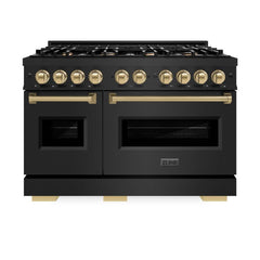 ZLINE Autograph Edition 48 in. 6.7 cu. ft. Classic Double Oven Dual Fuel Range with 8 Burner Gas Cooktop in Black Stainless Steel and Champagne Bronze Accents - CDRBZ-48-CB - The Home Selection