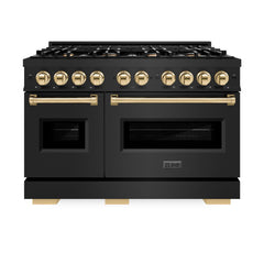 ZLINE Autograph Edition 48 in. 6.7 cu. ft. Classic Double Oven Dual Fuel Range with 8 Burner Gas Cooktop in Black Stainless Steel and Polished Gold Accents
