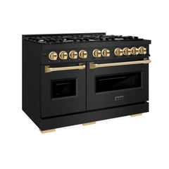ZLINE Autograph Edition 48 in. 6.7 cu. ft. Classic Double Oven Dual Fuel Range with 8 Burner Gas Cooktop in Black Stainless Steel and Polished Gold Accents