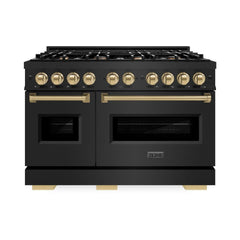 ZLINE Autograph Edition 48 in. 6.7 cu. ft. Classic Double Oven Gas Range with 8 Burner Cooktop in Black Stainless Steel and Champagne Bronze Accents - CGRBZ-48-CB - The Home Selection
