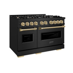 ZLINE Autograph Edition 48 in. 6.7 cu. ft. Classic Double Oven Gas Range with 8 Burner Cooktop in Black Stainless Steel and Champagne Bronze Accents - CGRBZ-48-CB - The Home Selection
