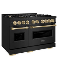 ZLINE Autograph Edition 48 in. 6.7 cu. ft. Classic Double Oven Gas Range with 8 Burner Cooktop in Black Stainless Steel and Champagne Bronze Accents - CGRBZ-48-CB - The Home Selection