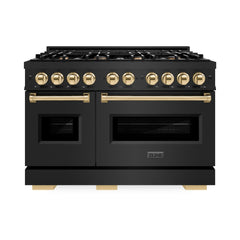ZLINE Autograph Edition 48 in. 6.7 cu. ft. Classic Double Oven Gas Range with 8 Burner Cooktop in Black Stainless Steel and Polished Gold Accents