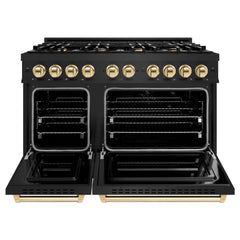 ZLINE Autograph Edition 48 in. 6.7 cu. ft. Classic Double Oven Gas Range with 8 Burner Cooktop in Black Stainless Steel and Polished Gold Accents