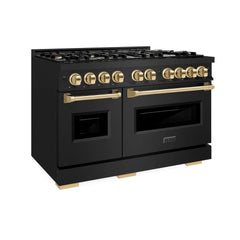ZLINE Autograph Edition 48 in. 6.7 cu. ft. Classic Double Oven Gas Range with 8 Burner Cooktop in Black Stainless Steel and Polished Gold Accents
