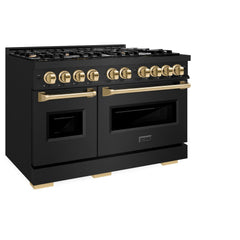ZLINE Autograph Edition 48 in. 6.7 cu. ft. Classic Double Oven Gas Range with 8 Burner Cooktop in Black Stainless Steel and Polished Gold Accents