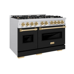 ZLINE 48 in. 6.7 cu. ft. Classic Double Oven Dual Fuel Range with 8 Bu - Stainless Steel with Black Matte Door, Polished Gold Accents