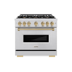 ZLINE Autograph Edition 36 in. 5.2 cu. ft. Classic Dual Fuel Range with 6 Burner Gas Cooktop and Electric Convection Oven in Stainless Steel with Champagne Bronze Accents - CDRZ-36-CB - The Home Selection