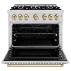ZLINE Autograph Edition 36 in. 5.2 cu. ft. Classic Dual Fuel Range with 6 Burner Gas Cooktop and Electric Convection Oven in Stainless Steel with Champagne Bronze Accents - CDRZ-36-CB - The Home Selection