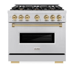 ZLINE Autograph Edition 36 in. 5.2 cu. ft. Classic Dual Fuel Range with 6 Burner Gas Cooktop and Electric Convection Oven in Stainless Steel with Champagne Bronze Accents - CDRZ-36-CB - The Home Selection