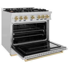 ZLINE Autograph Edition 36 in. 5.2 cu. ft. Classic Dual Fuel Range with 6 Burner Gas Cooktop and Electric Convection Oven in Stainless Steel with Champagne Bronze Accents - CDRZ-36-CB - The Home Selection