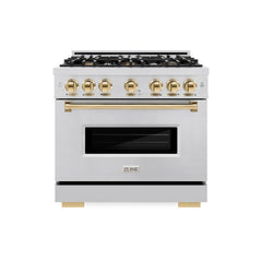 ZLINE Autograph Edition 36 in. 5.2 cu. ft. Classic Dual Fuel Range with 6 Burner Gas Cooktop and Electric Convection Oven in Stainless Steel with Polished Gold Accents - CDRZ-36-G - The Home Selection