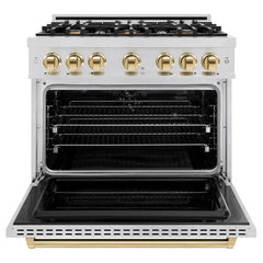 ZLINE Autograph Edition 36 in. 5.2 cu. ft. Classic Dual Fuel Range with 6 Burner Gas Cooktop and Electric Convection Oven in Stainless Steel with Polished Gold Accents - CDRZ-36-G - The Home Selection