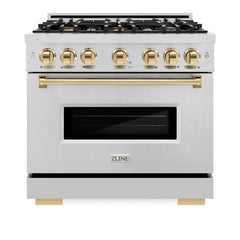 ZLINE Autograph Edition 36 in. 5.2 cu. ft. Classic Dual Fuel Range with 6 Burner Gas Cooktop and Electric Convection Oven in Stainless Steel with Polished Gold Accents - CDRZ-36-G - The Home Selection