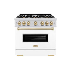 ZLINE Autograph Edition 36 in. 5.2 cu. ft. Classic Dual Fuel Range with 6 Burner Gas Cooktop and Electric Convection Oven in Stainless Steel with White Matte Door and Champagne Bronze Accents - CDRZ-WM-36-CB - The Home Selection