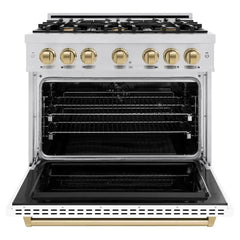 ZLINE Autograph Edition 36 in. 5.2 cu. ft. Classic Dual Fuel Range with 6 Burner Gas Cooktop and Electric Convection Oven in Stainless Steel with White Matte Door and Champagne Bronze Accents - CDRZ-WM-36-CB - The Home Selection