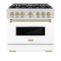 ZLINE Autograph Edition 36 in. 5.2 cu. ft. Classic Dual Fuel Range with 6 Burner Gas Cooktop and Electric Convection Oven in Stainless Steel with White Matte Door and Champagne Bronze Accents - CDRZ-WM-36-CB - The Home Selection