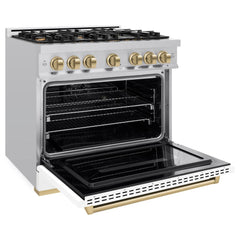 ZLINE Autograph Edition 36 in. 5.2 cu. ft. Classic Dual Fuel Range with 6 Burner Gas Cooktop and Electric Convection Oven in Stainless Steel with White Matte Door and Champagne Bronze Accents - CDRZ-WM-36-CB - The Home Selection